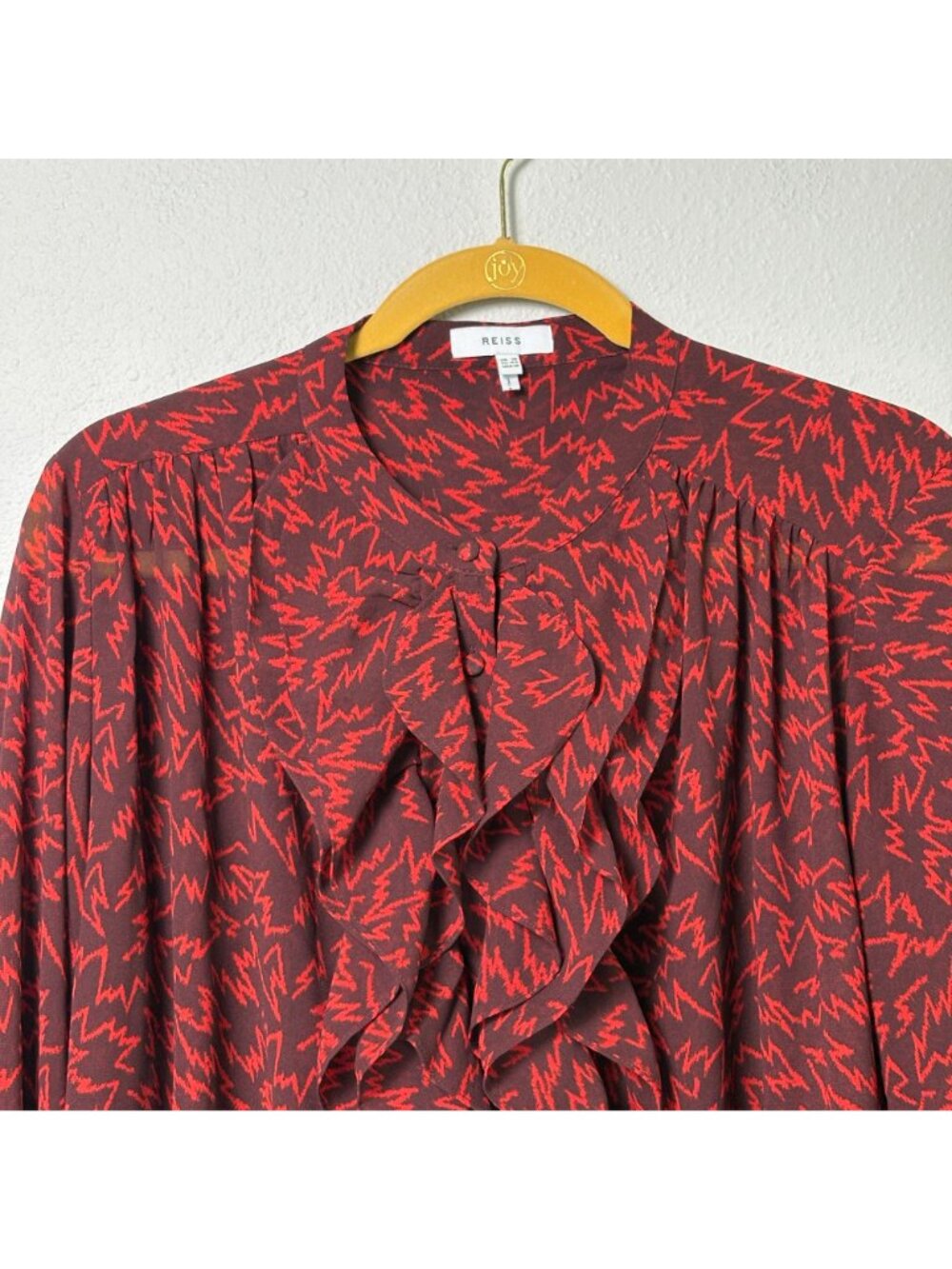 Reiss Pippa Ruffled Zig Zag Printed Blouse Womens 12 Red Semi-Sheer Top - Picture 3 of 12